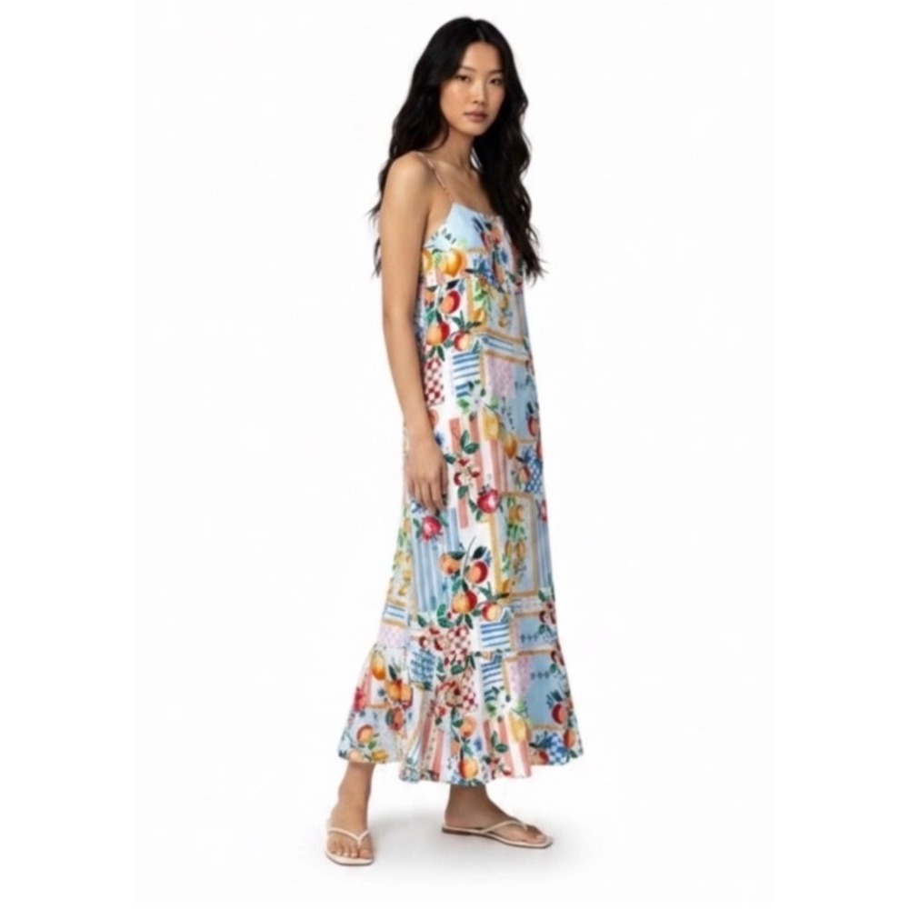 Paper Heart Fruit Patchwork Maxi Dress Tie Back Cutout Blue Multi L